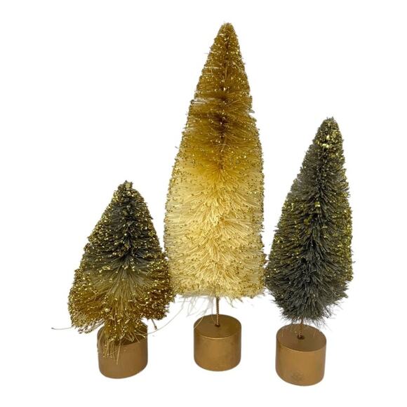 Bristle Brush Christmas Trees Set of 3 Ivory Gray Gold - Picture 1 of 2